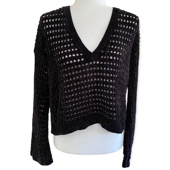 Express • Chenille Chunky Open Knit Vneck Sweater in Black - Picture 1 of 12